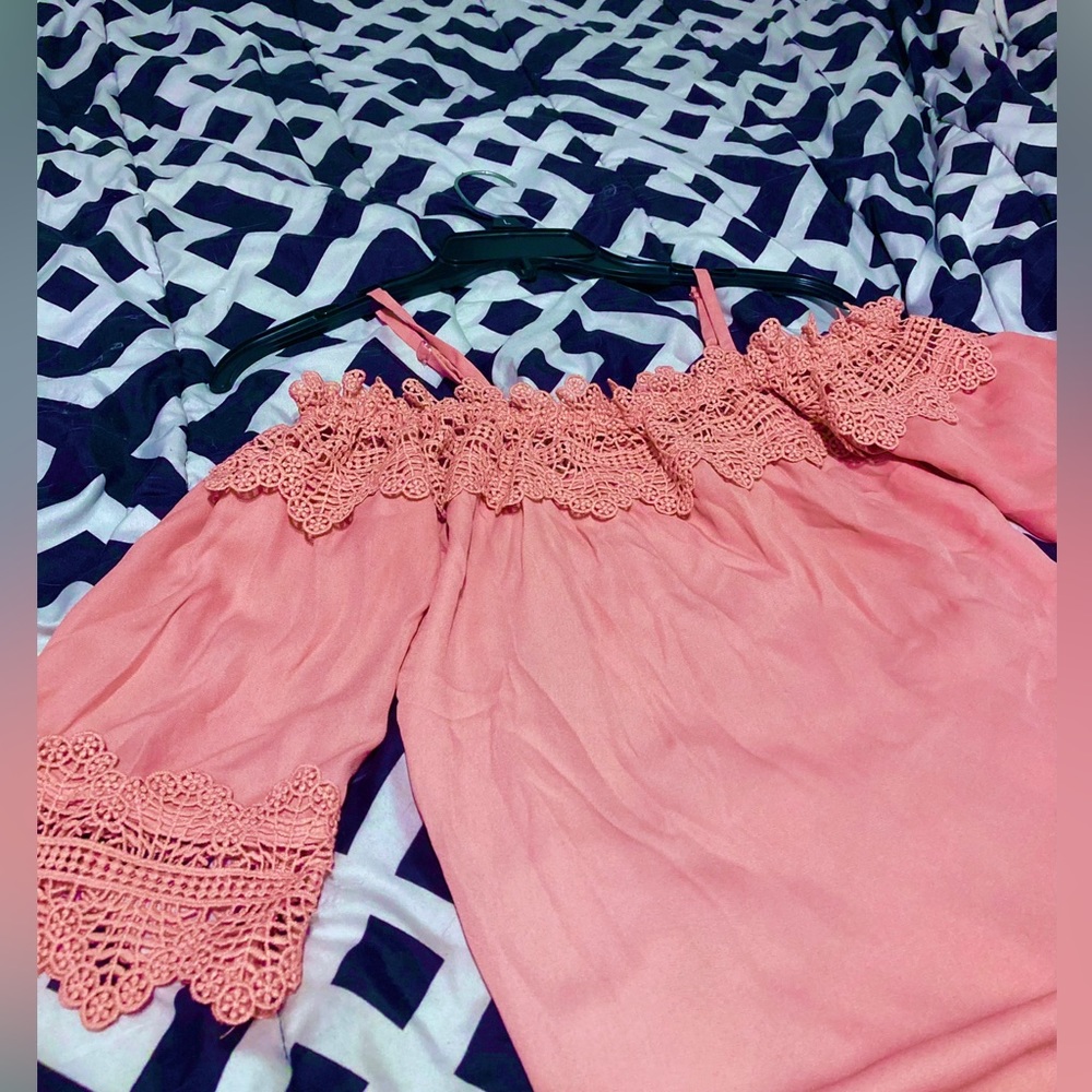 A. BYER pink off-the-shoulder blouse, W/ Lace neckline, and lace at arm cuffs